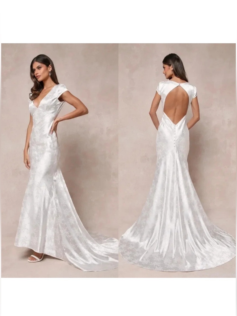 NWT Lulus Loveliest Dream White Satin Jacquard Backless Mermaid Gown - Size XL